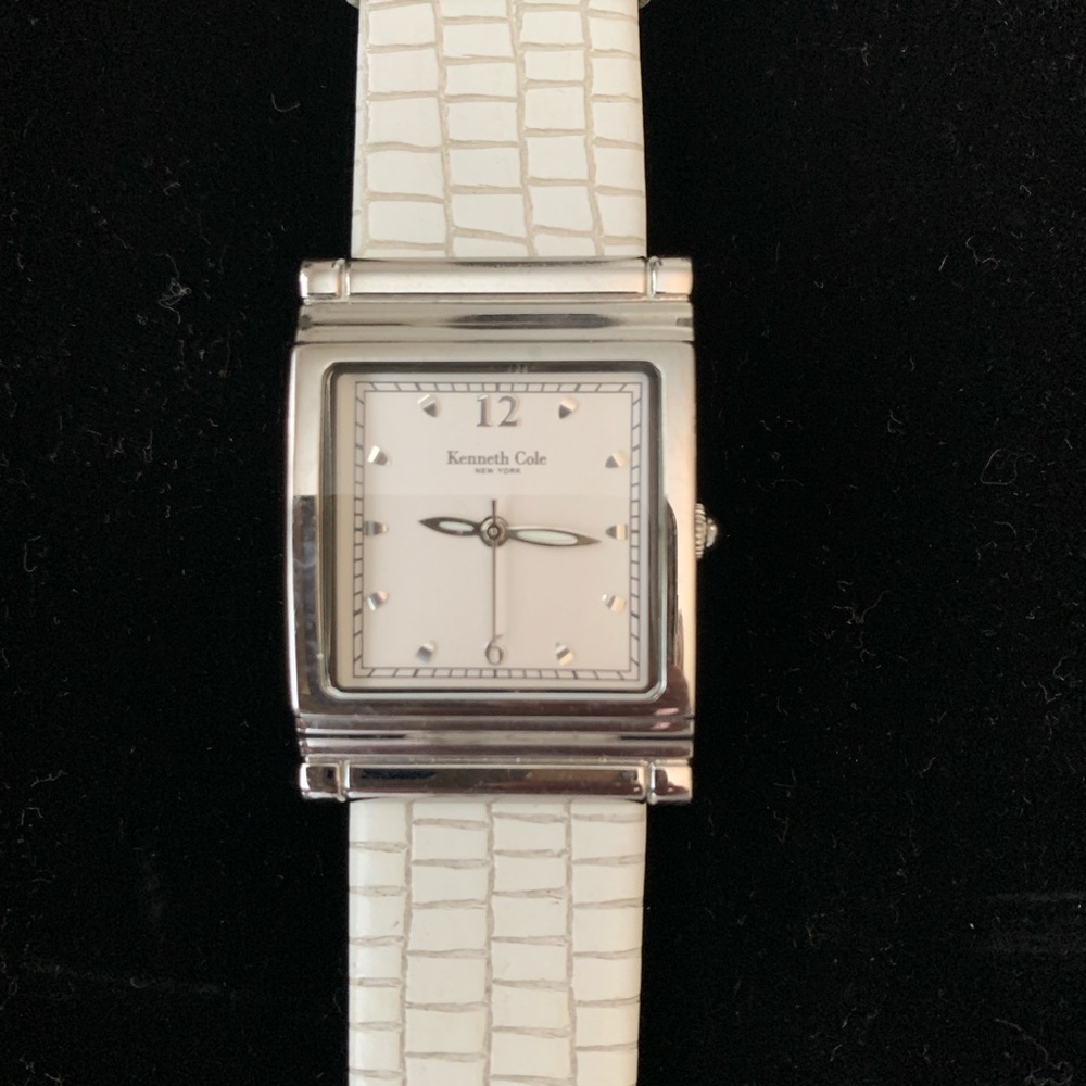 Kenneth Cole Silver Case Watch with Leather Strap, White
